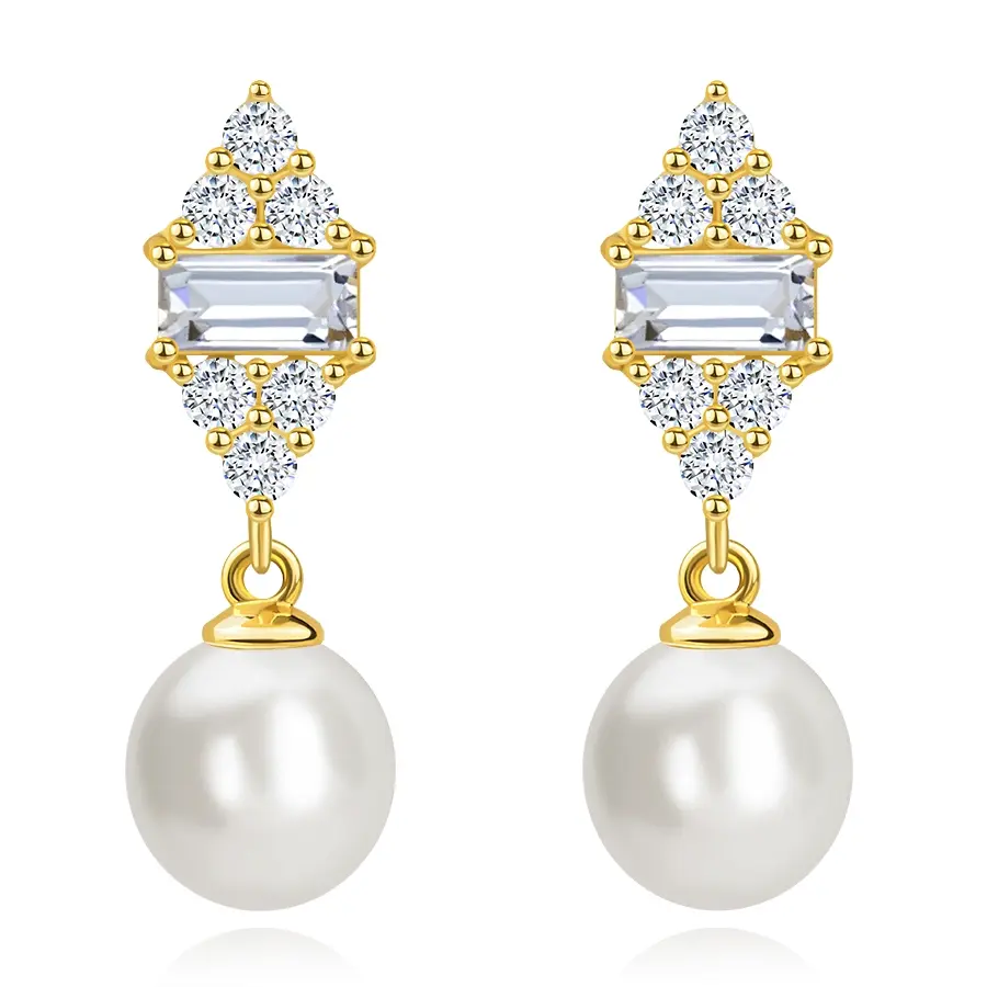 Zlaté 14K náušnice zo žltého zlata - kultivovaná perla, zirkónový list