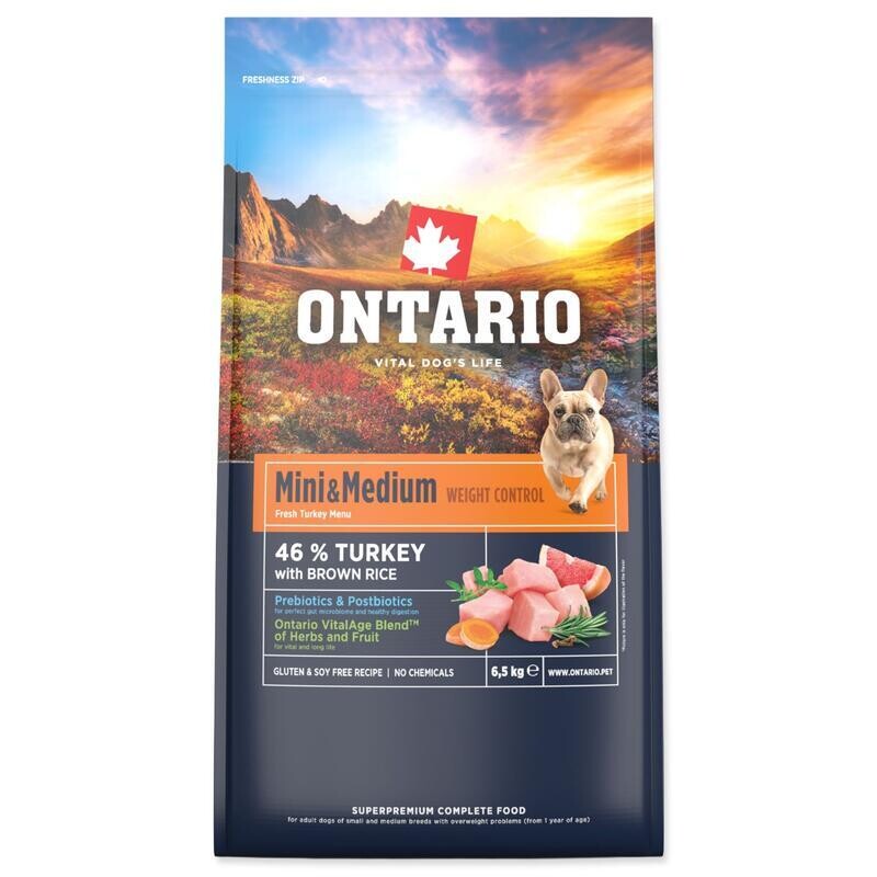 Krmivo Ontario Mini & Medium Weight Control Turkey & Brown Rice