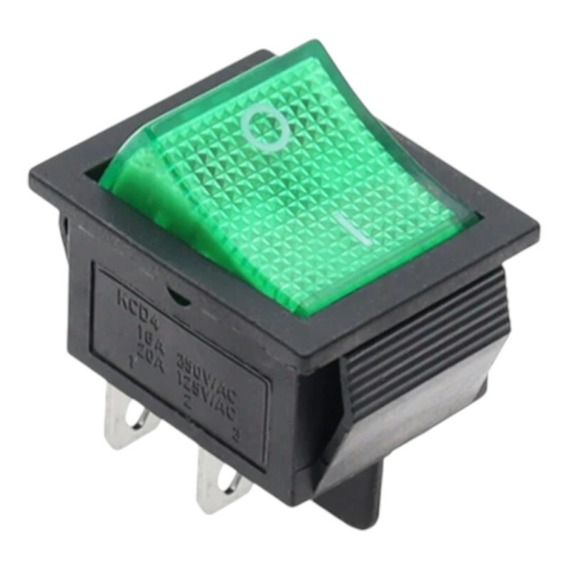 Kolískový vypínač obdĺžnikový s podsvietením KCD4, 250V/15A, Zelená
