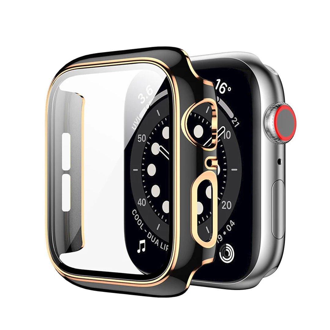 Lesklé ochranné puzdro s tvrdeným sklom - Čierne so zlatým obrysom Veľkosť: 41mm, Farba: Čierna