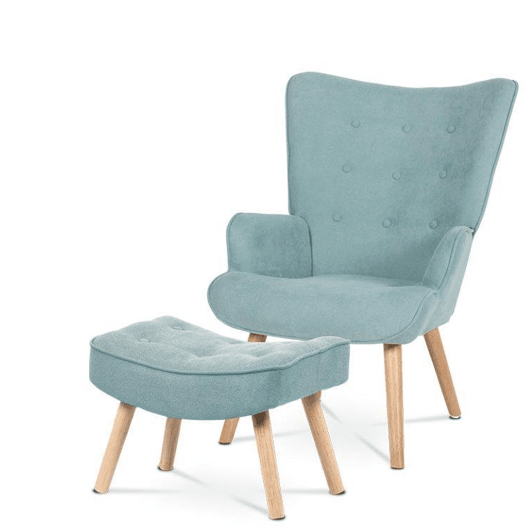 Relaxačné kreslo ušiak s podnožkou ALFIE – masív, látka, modrá