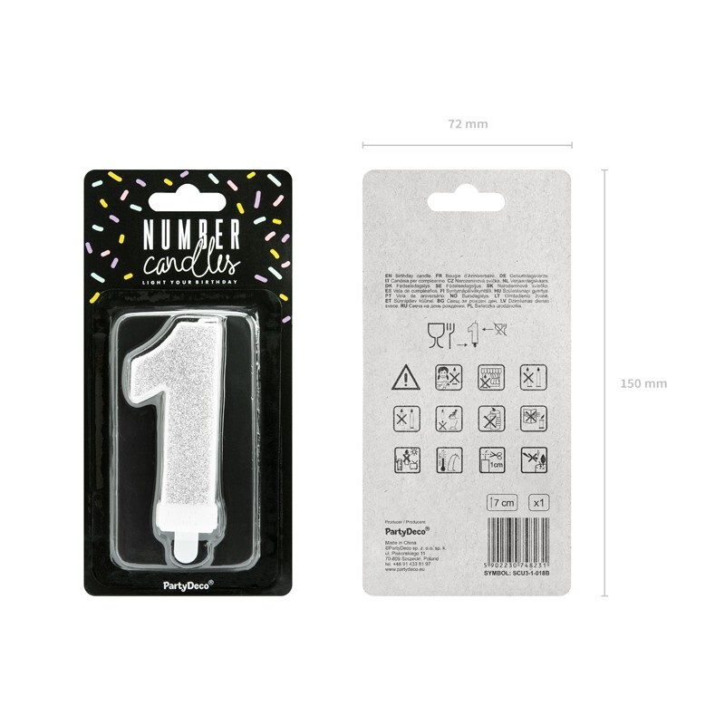 SCU3-1-018B Party Deco Tortová sviečka - strieborná - číslo 7 cm 1