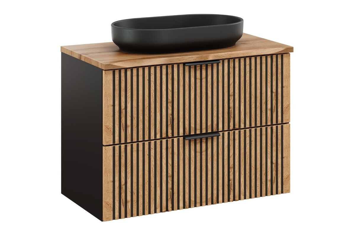 Závěsná skříňka Casad Nature River s deskou a umyvadlem 80 cm dub wotan/černá