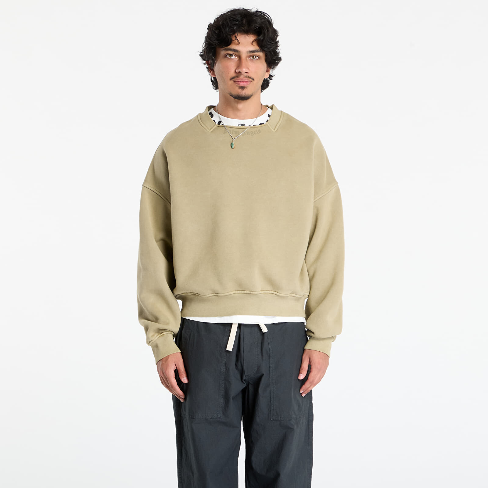 Mikina Palm Angels Curved Logo Loose Collar Crew Army Green/ Dark Green XL