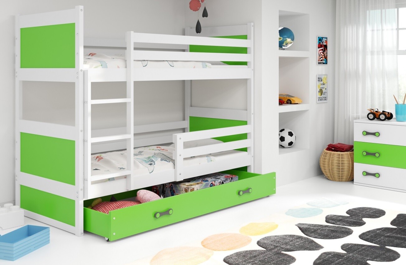 BMS Detská poschodová posteľ RICO 3 s úložným priestorom  | 160x80 cm | biela/zelená