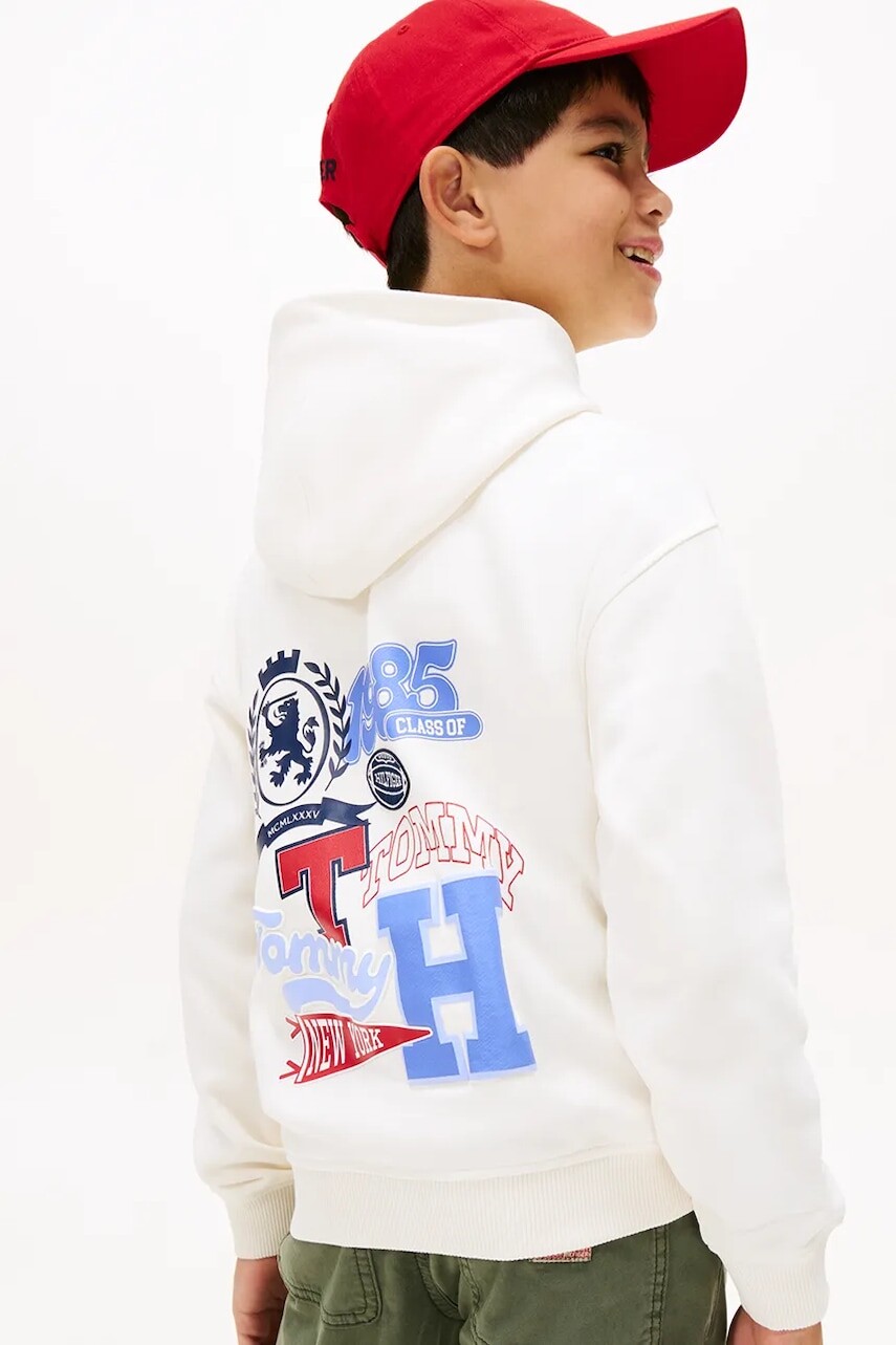 Detská bavlnená mikina Tommy Hilfiger biela farba, s kapucňou, s nášivkou, KB0KB10177