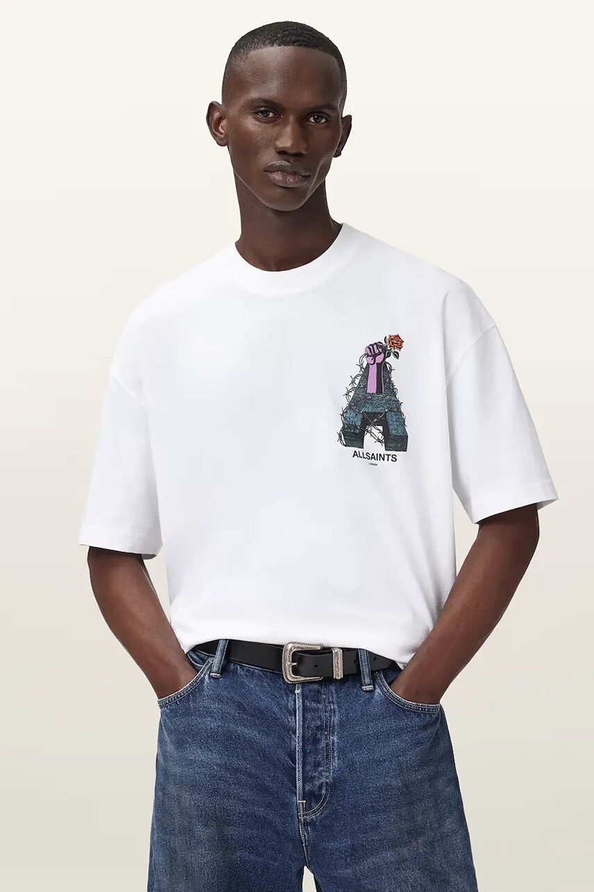 Bavlnené tričko AllSaints DEFIANCE pánske, biela farba, s potlačou, M004PD