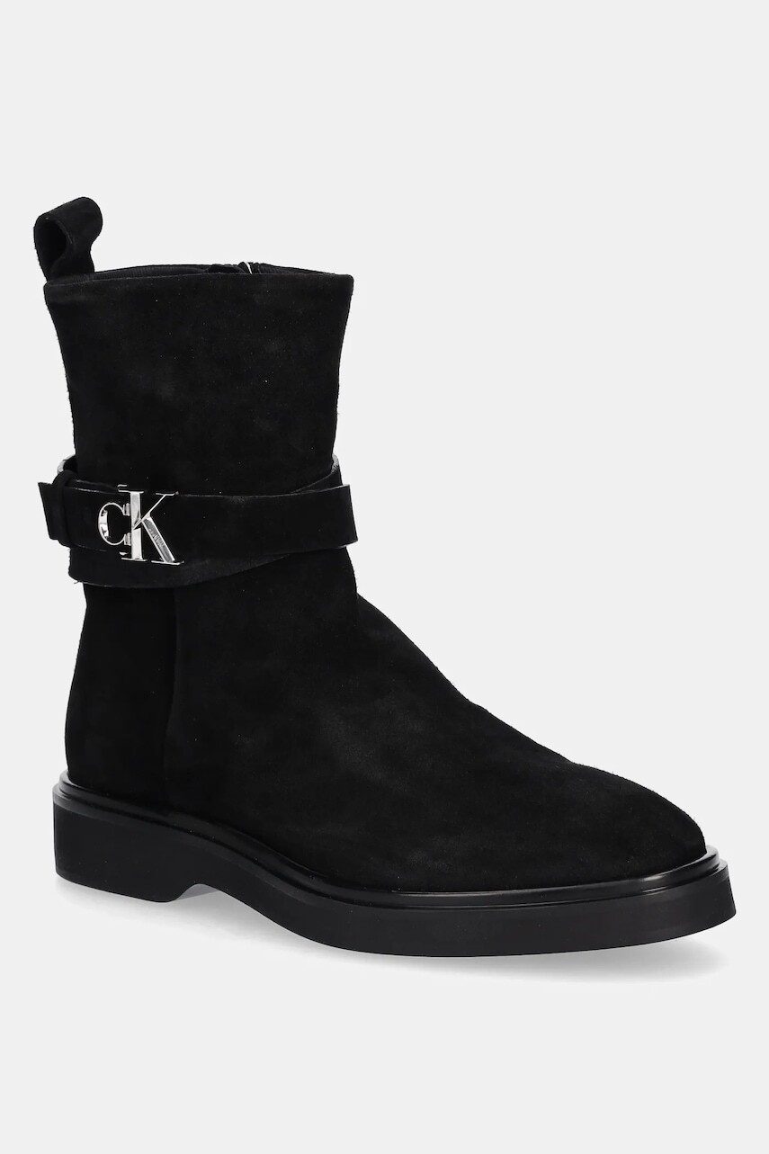 Semišové topánky Calvin Klein ANKLE BOOT W/ METAL LOGO SUE čierna farba, na plochom podpätku, HW0HW02664