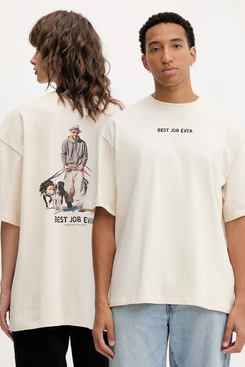 Bavlnené tričko Kaotiko béžová farba, s potlačou, AR055-01S-G002