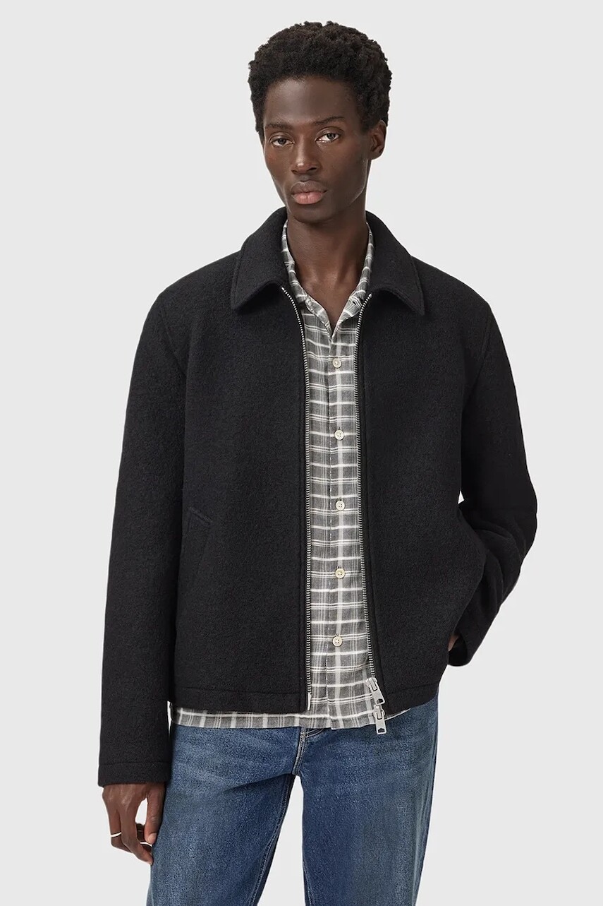 Vlnená bunda AllSaints CELESTE čierna farba, prechodná, M011OD