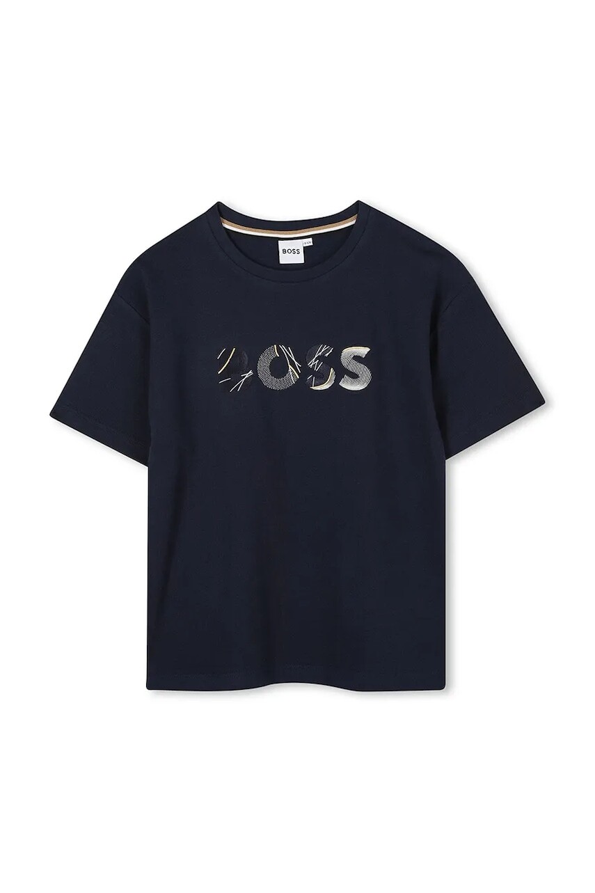 Detské bavlnené tričko BOSS tmavomodrá farba, s potlačou, J52372