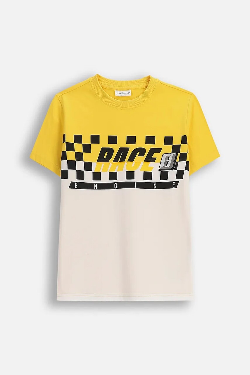 Detské bavlnené tričko Coccodrillo žltá farba, s potlačou, CITY RACING BOY JUNIOR