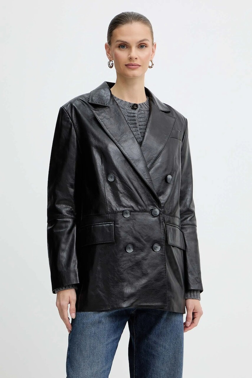 Kožené sako MAX&Co. čierna farba, dvojradové, jednofarebné, 2526446053200