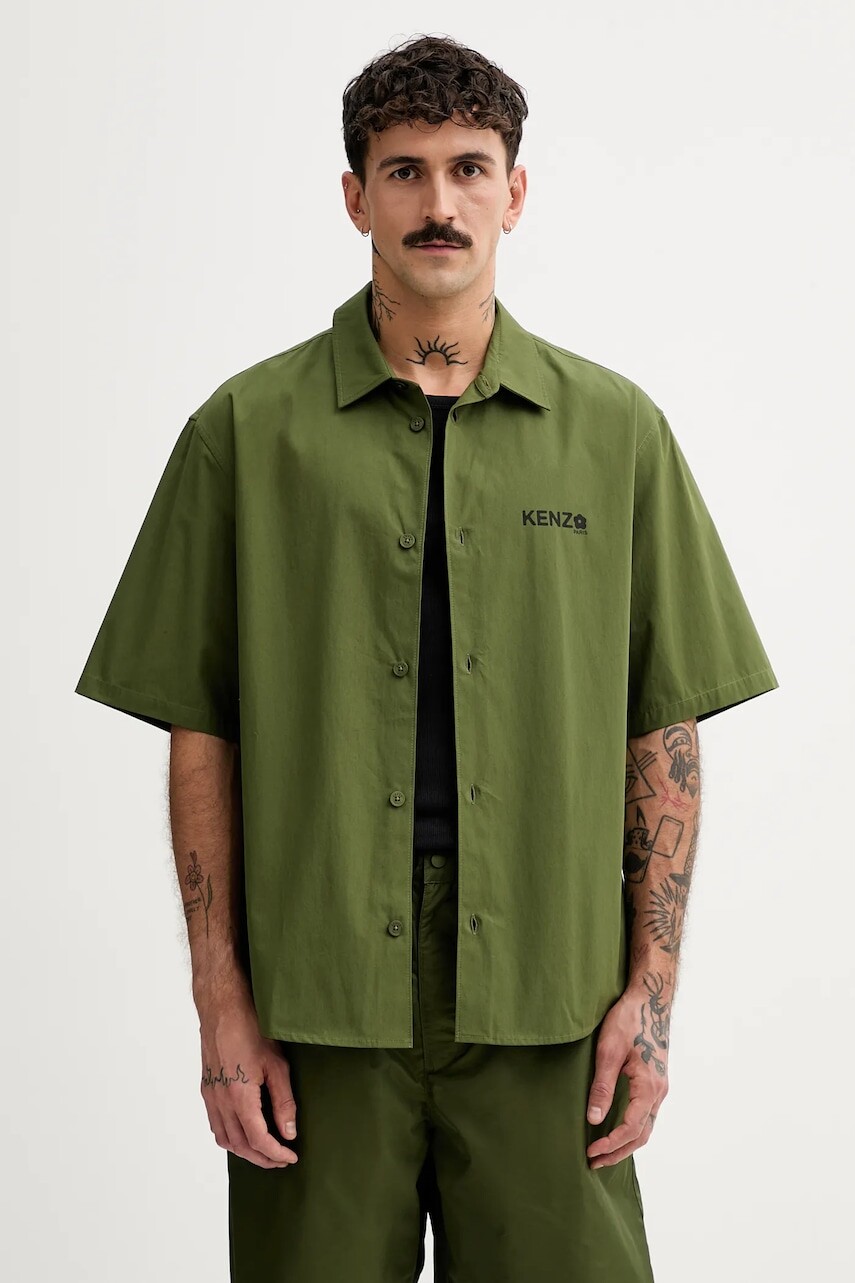 Bavlnená košeľa Kenzo pánska, zelená farba, voľný strih, s klasickým golierom, FF55CH1299LP.50