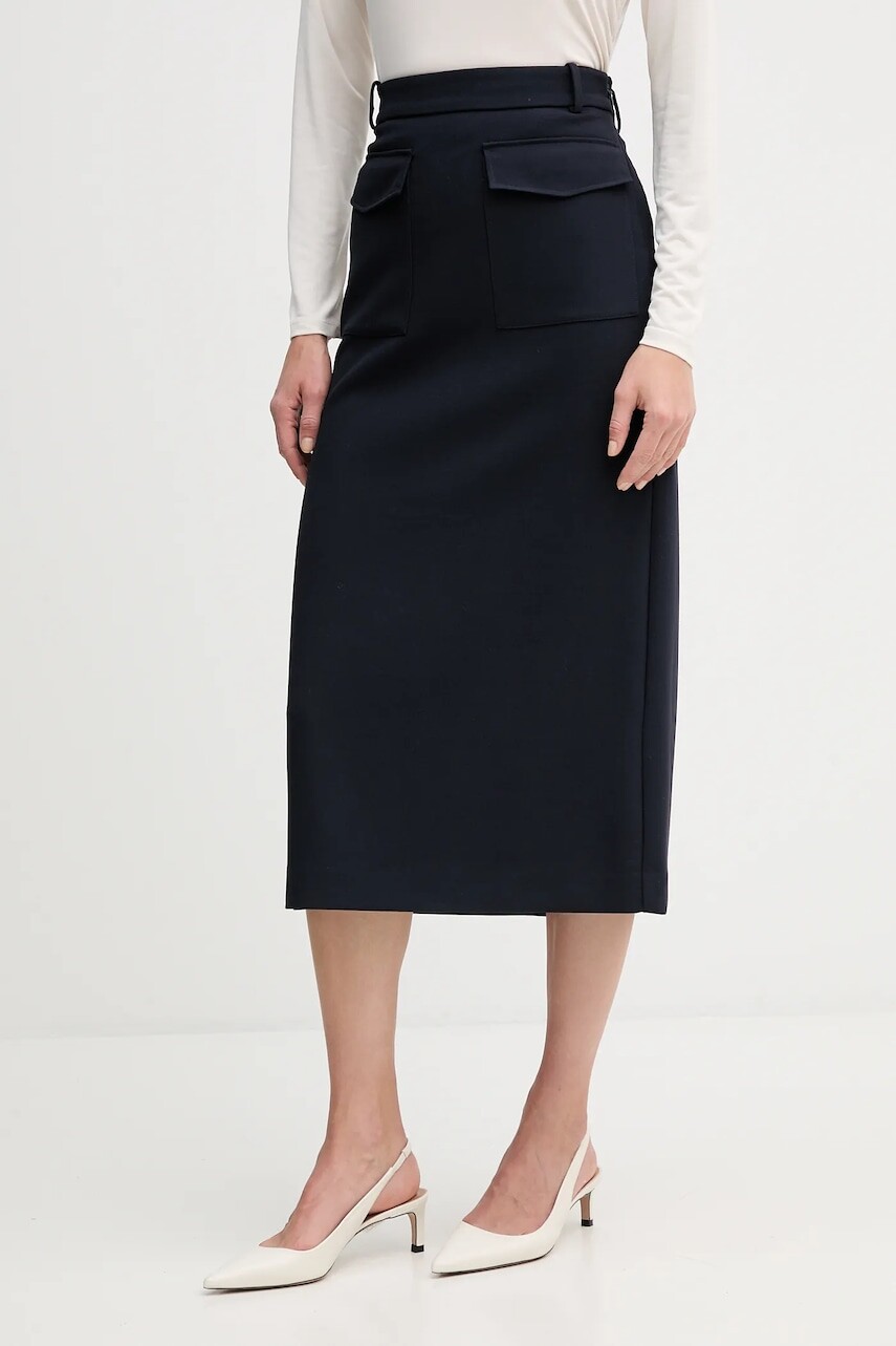 Sukňa Tommy Hilfiger tmavomodrá farba, midi, áčkový strih, WW0WW47497