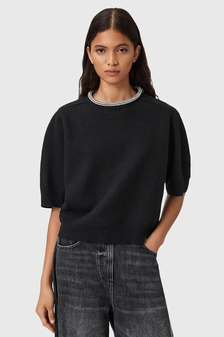 Vlnené tričko AllSaints ODELL čierna farba, W049KD