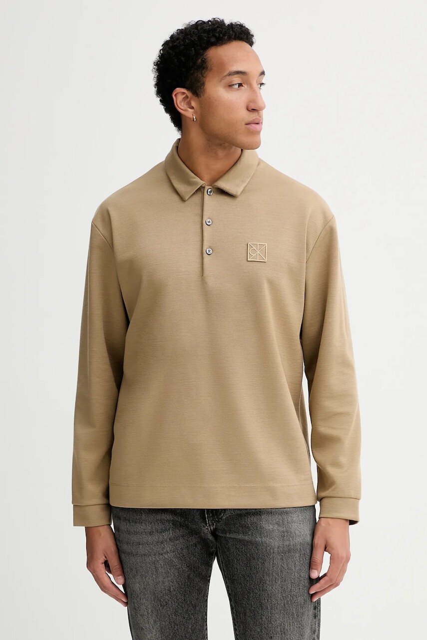 Tričko s dlhým rukávom s prímesou vlny Calvin Klein zelená farba, jednofarebné, LV04LB251G