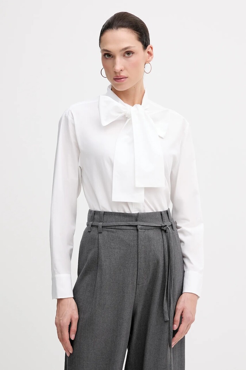 Košeľa Pedro del Hierro biela farba, voľný strih, s viazaním vo výstrihu, 6632008