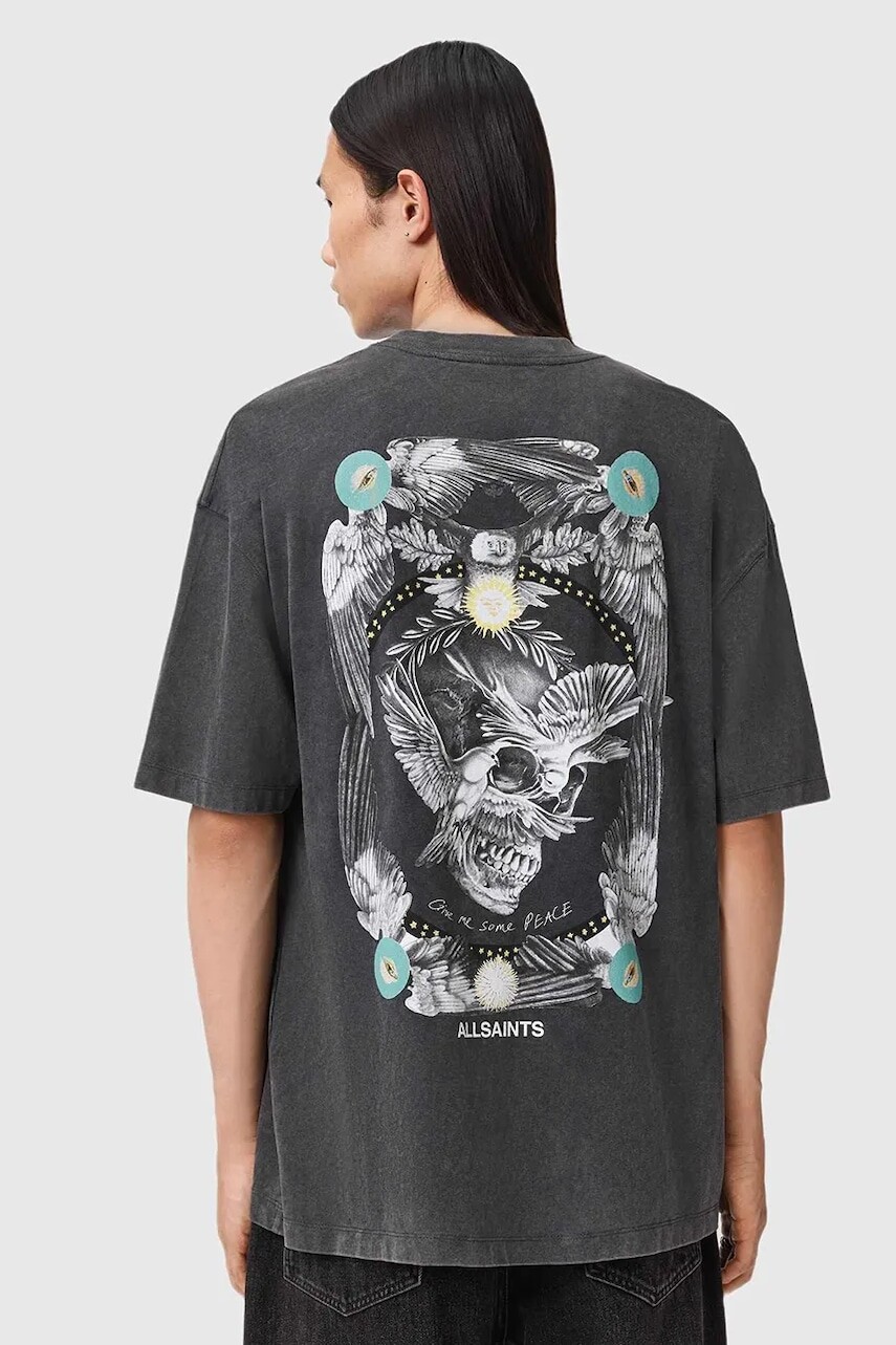 Bavlnené tričko AllSaints pánske, šedá farba, s potlačou, M028PD