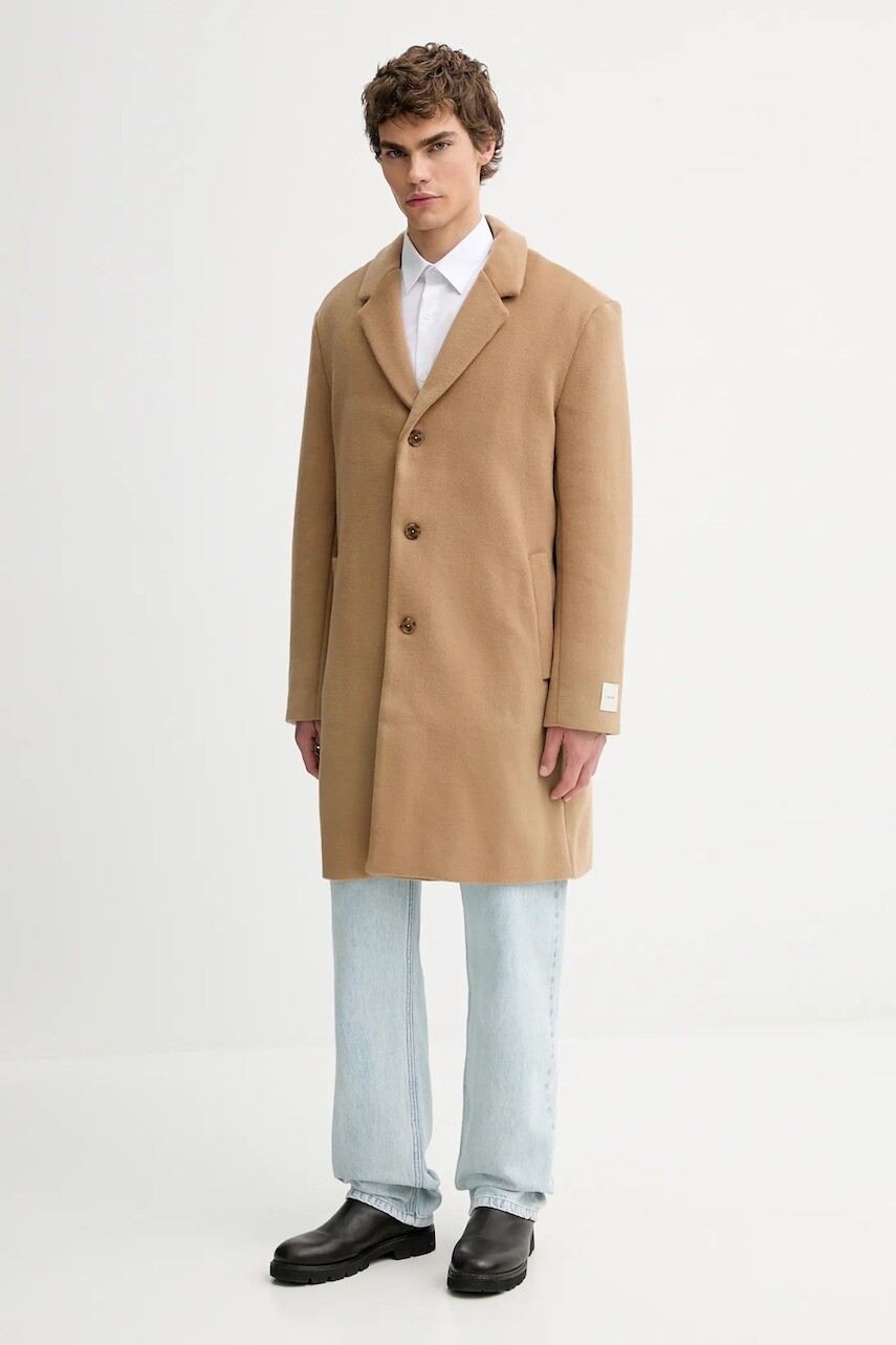 Kabát s prímesou vlny Calvin Klein hnedá farba, LV04LD900G