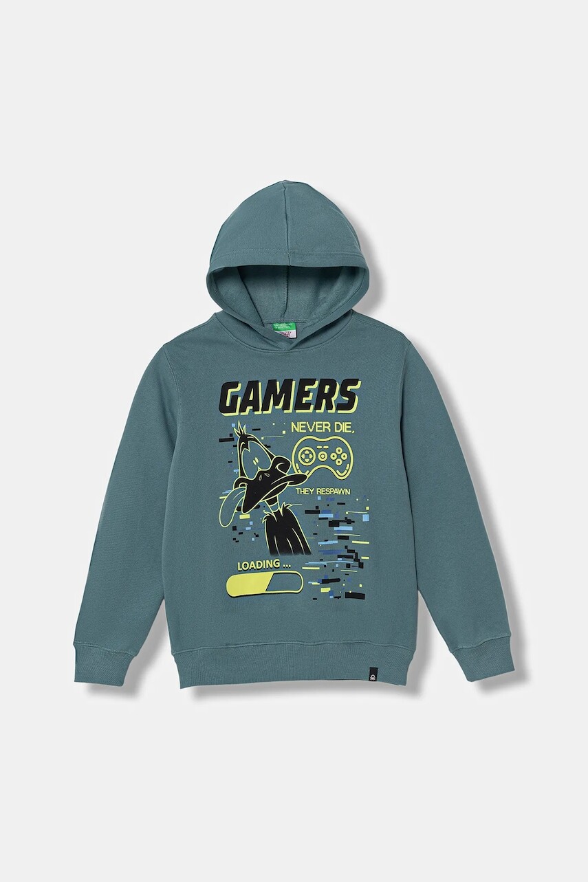 Detská mikina United Colors of Benetton zelená farba, s kapucňou, s potlačou, 3J73C205I