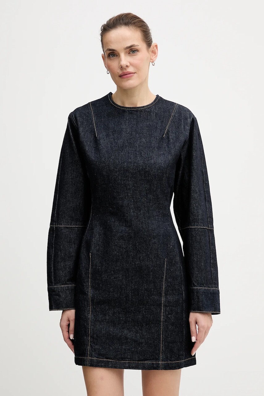 Rifľové šaty Calvin Klein Jeans tmavomodrá farba, mini, rovný strih, LV047D703G