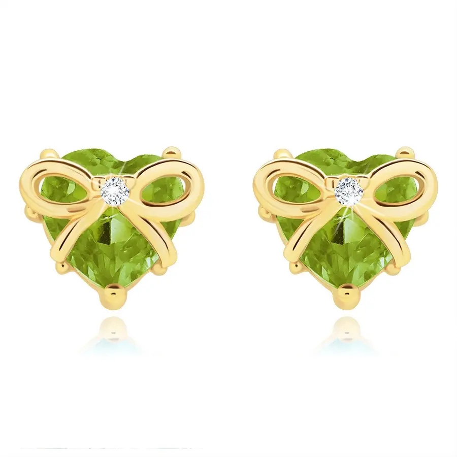 Náušnice zo žltého 14K zlata, olivínové srdce s mašľou a zirkónom