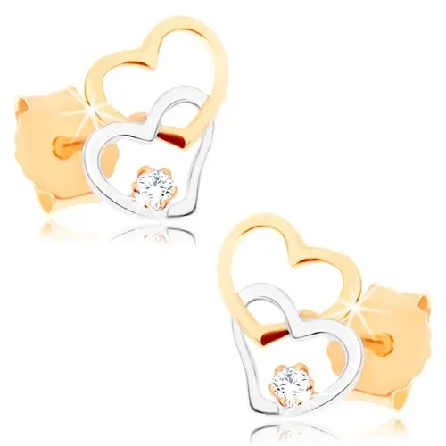 Náušnice z kombinovaného 9K zlata, prepletené srdcia, číry zirkón