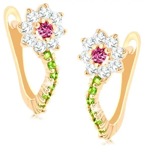Zlaté náušnice 14K s kvetinovým motívom a farebnými zirkónmi
