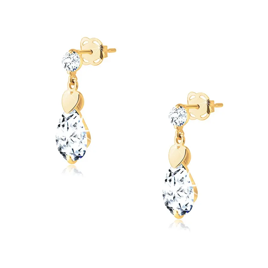 Zlaté náušnice 14K so srdcom a zirkónovou kvapkou