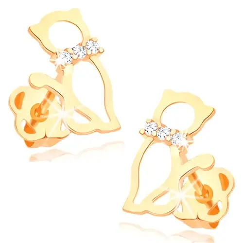 Zlaté náušnice 14K v tvare mačky so zirkónovým obojkom