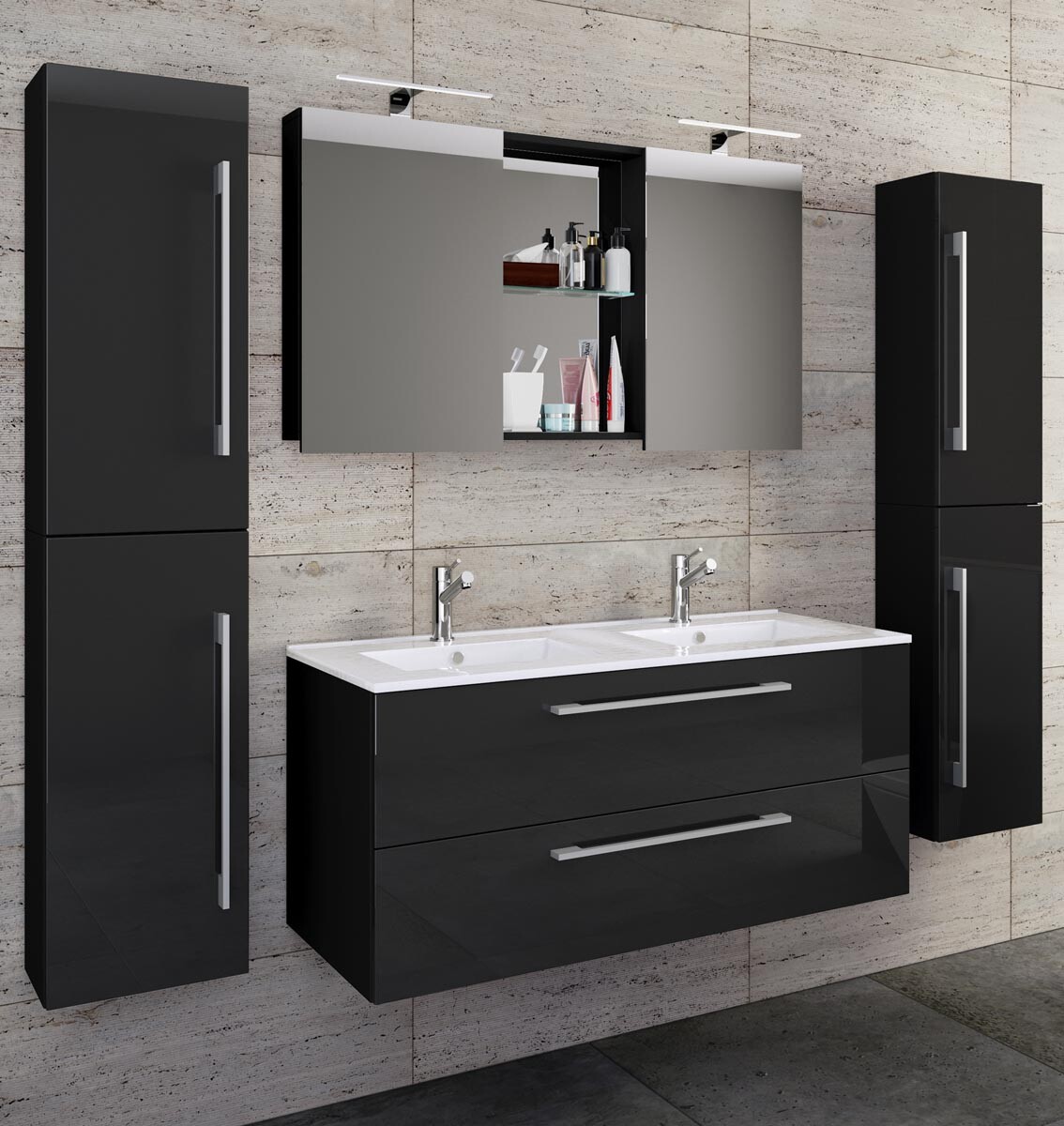 5-dielna umývadlová skrinka Budasi s 2 vysokými skrinkami, čierna