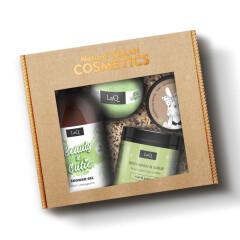 LaQ Beauty & Cutie sprchový gél 500 ml + cukrový peeling 220 g + čistiaci pleťový krém 40 g + šumivé gule do kúpeľa darčeková sada