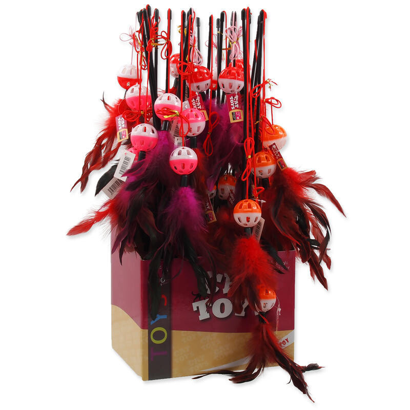 Hračka MAGIC CAT prut míček plastový s pírky 22 cm + 50 cm 60ks