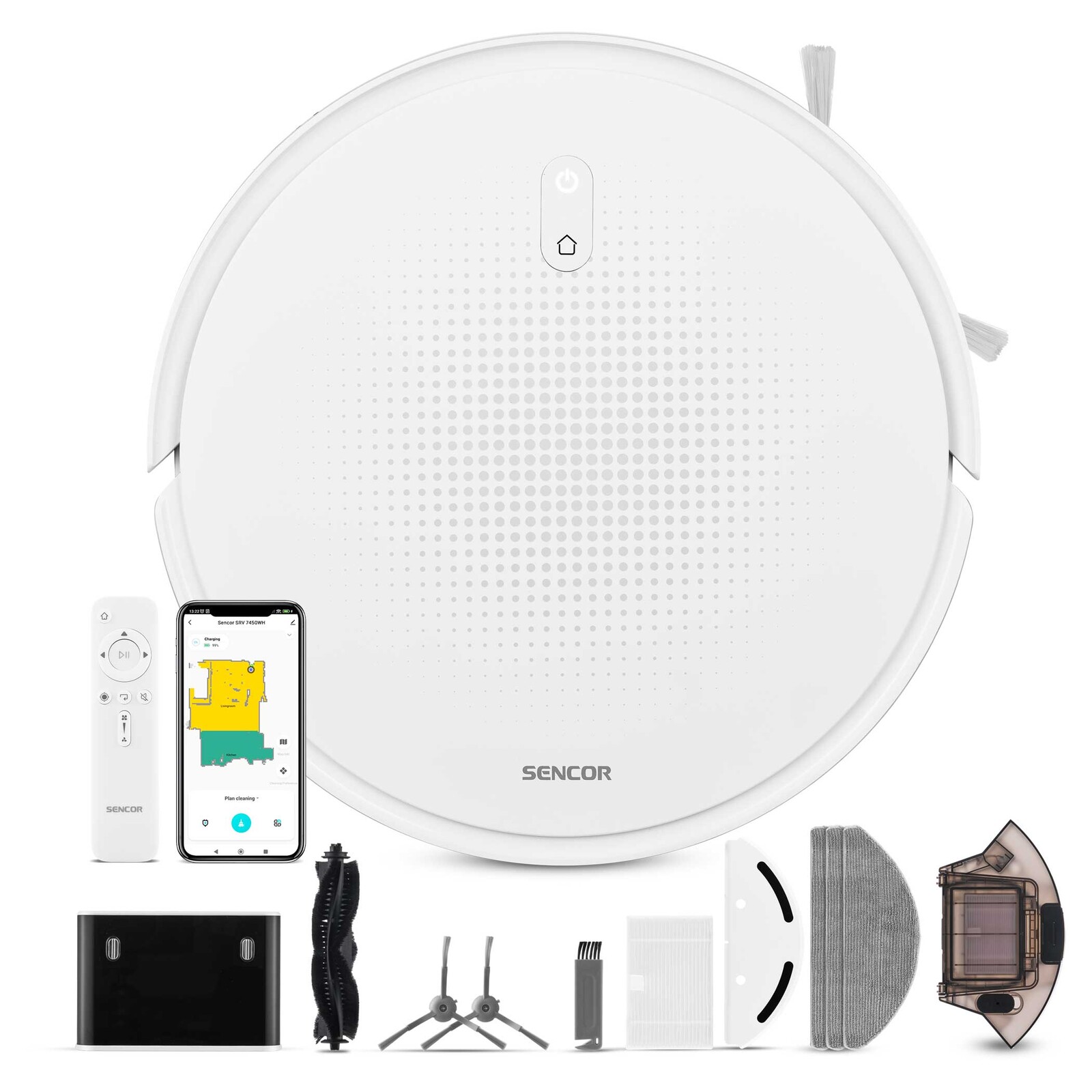 Sencor SRV 7450WH Robotický vysávač Laserová navigácia LiDAR pre orientáciu v priestore, Sacia sila 5000 Pa s navýšením výkonu na koberci, Malá výška