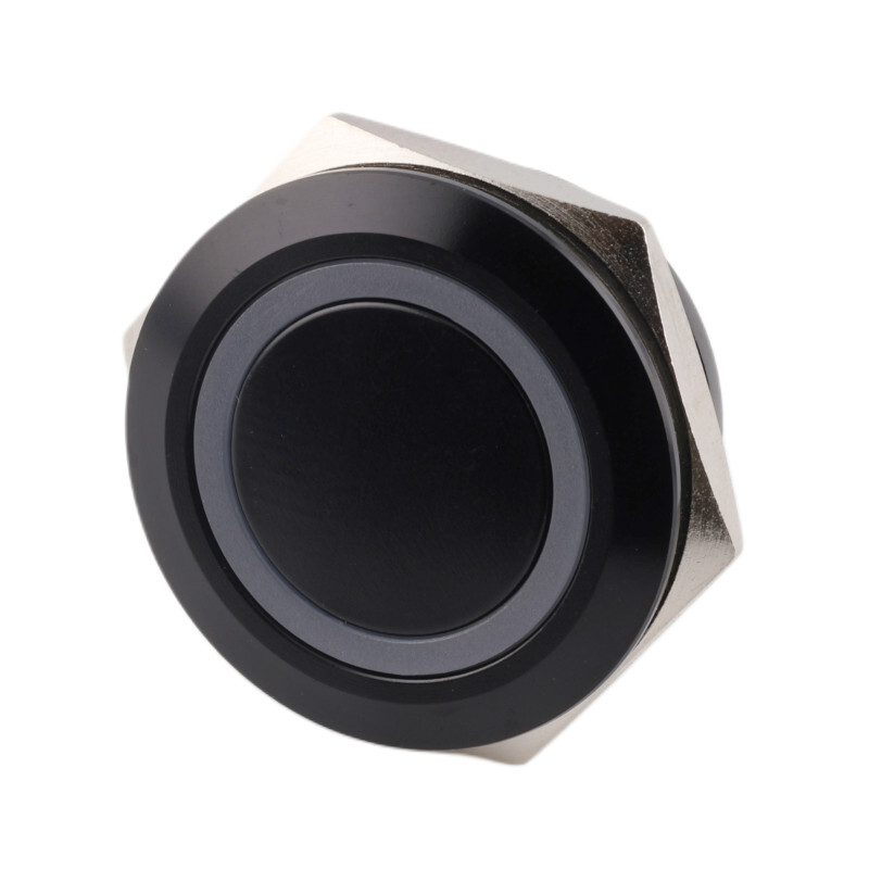 Spínač kovový bez aretácie, RGB LED podsvietenie, priemer 25mm, 12-24V DC, čierny