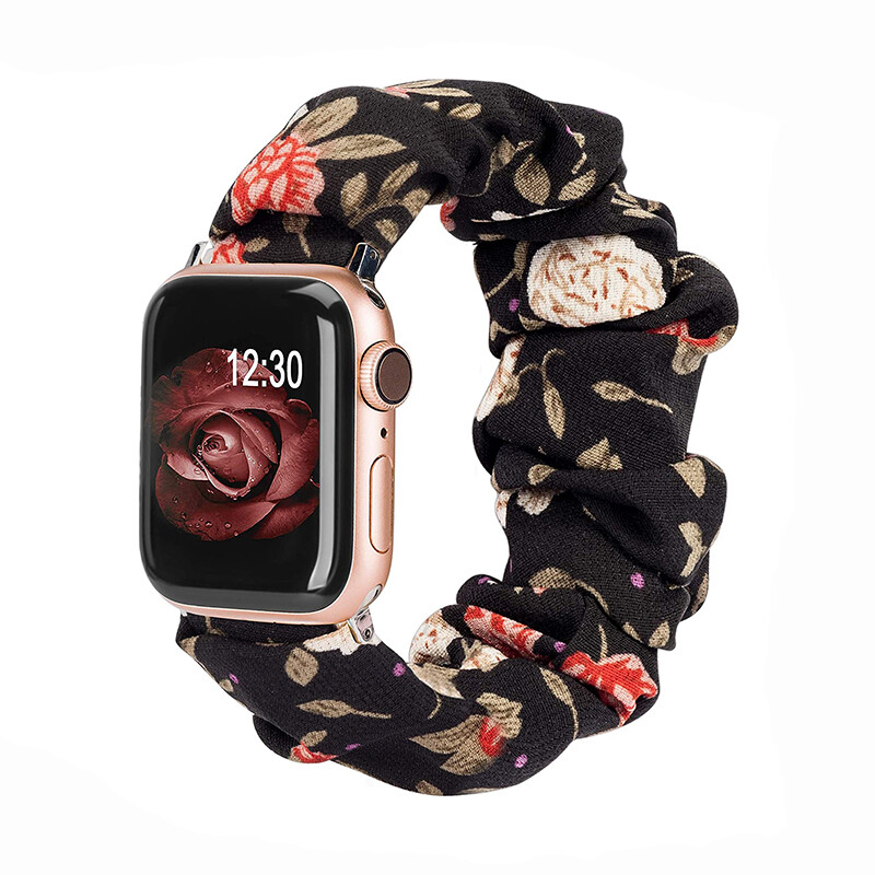 Štýlový remienok na Apple Watch - Čierny s kvetinkami Veľkosť: 42/44/45/46/49mm, Farba: Čierna