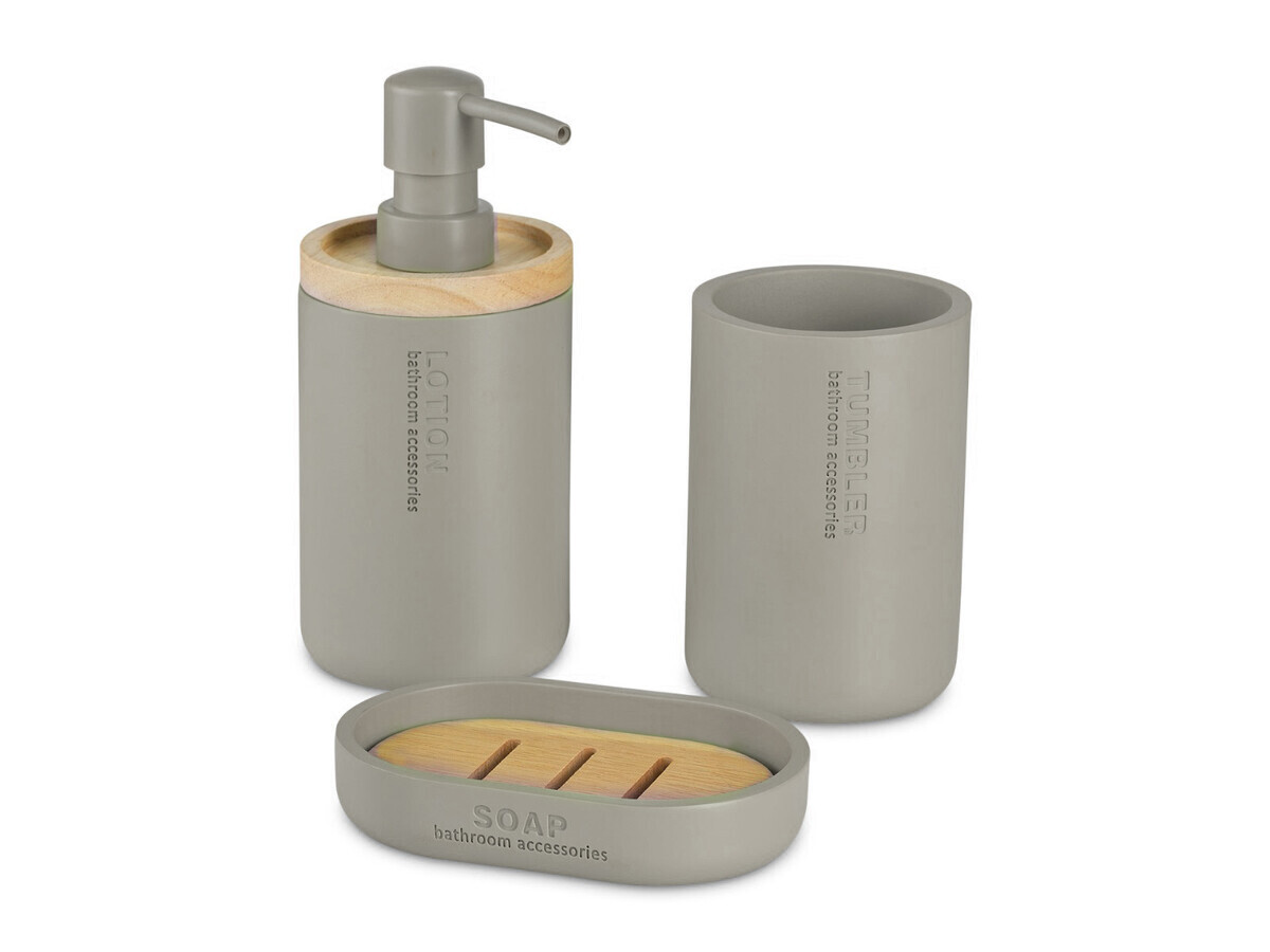 MAKRO - Kúpelňová sada šedá 3ks, 1x mydelnička, 1x dávkovač mydla, 1x pohárik