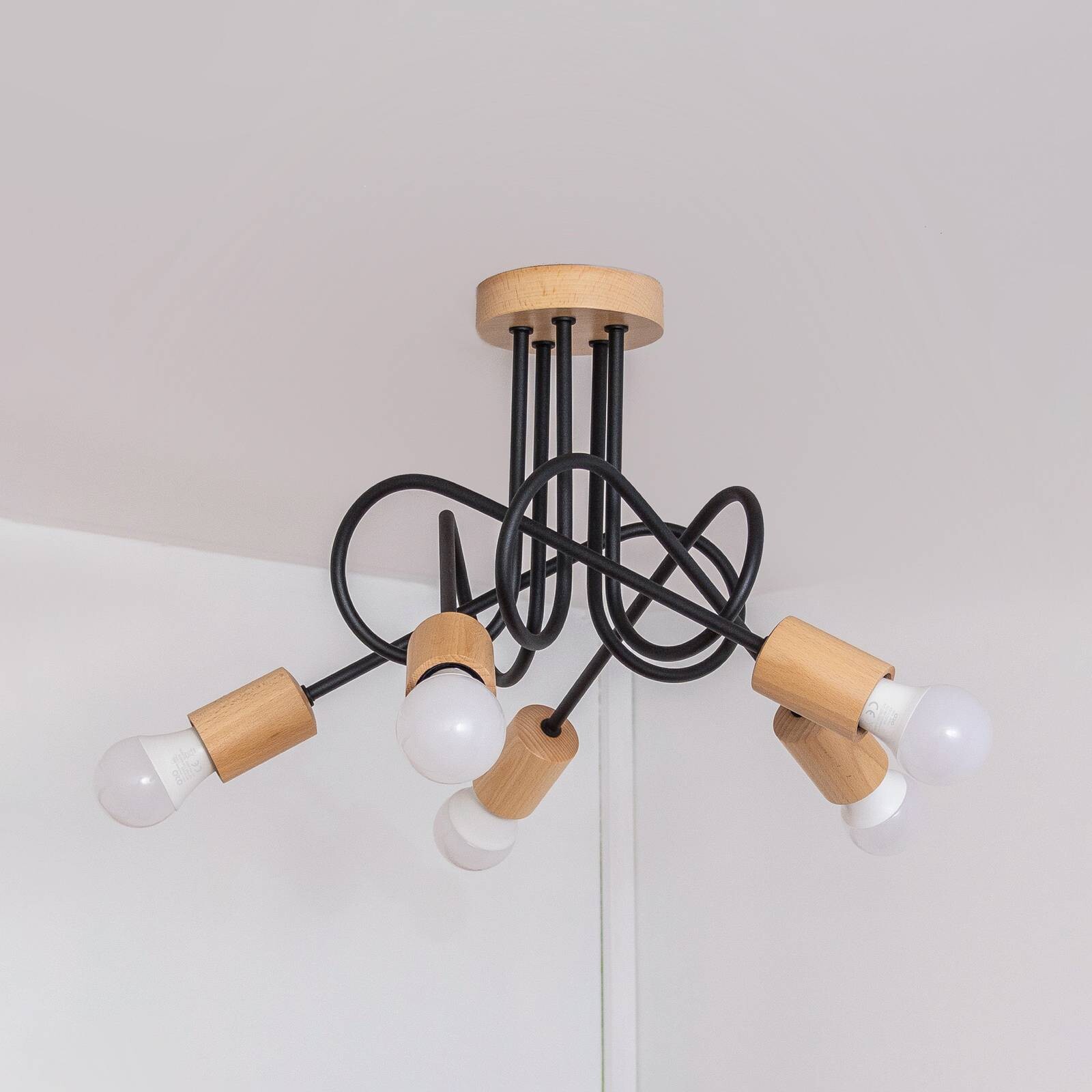 Stropné svietidlo Oxford, čierne, drevo, kov, 5-pl., Ø 47 cm