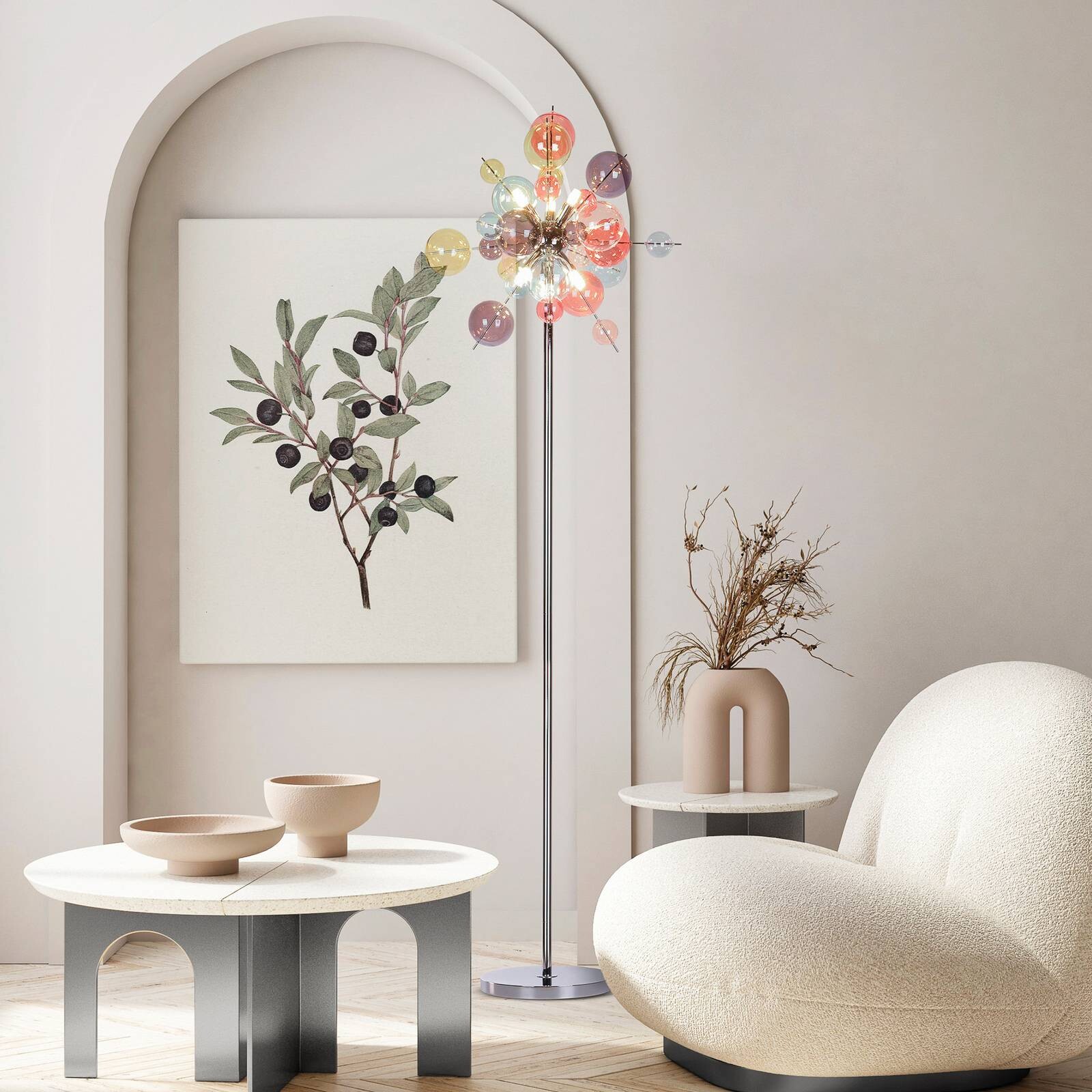 Stojacia lampa Explosion, sklo, pastelové farby, chróm, G9