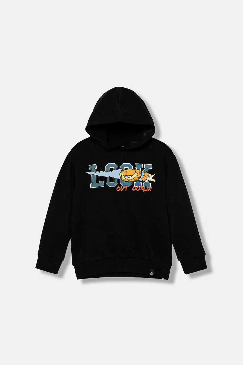 Detská bavlnená mikina United Colors of Benetton čierna farba, s kapucňou, s potlačou, 3UNIC204Y