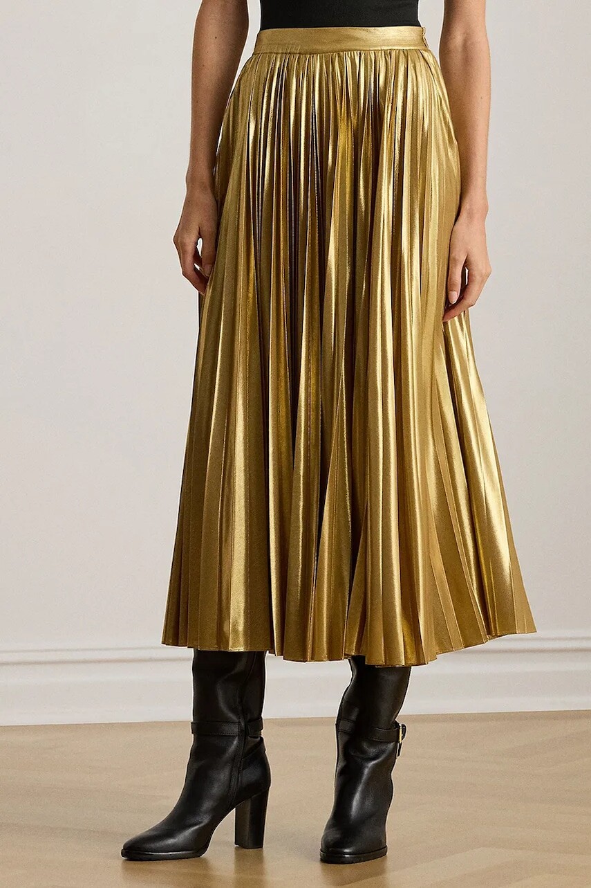 Sukňa Lauren Ralph Lauren zlatá farba, midi, áčkový strih, 200P03432