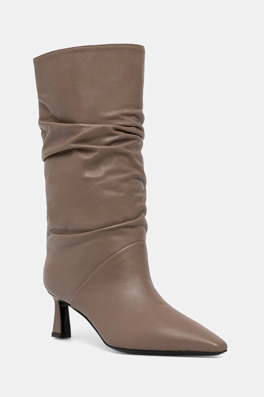 Kožené členkové topánky Pollini hnedá farba, na vysokom podpätku, SA24115C0NTE0135