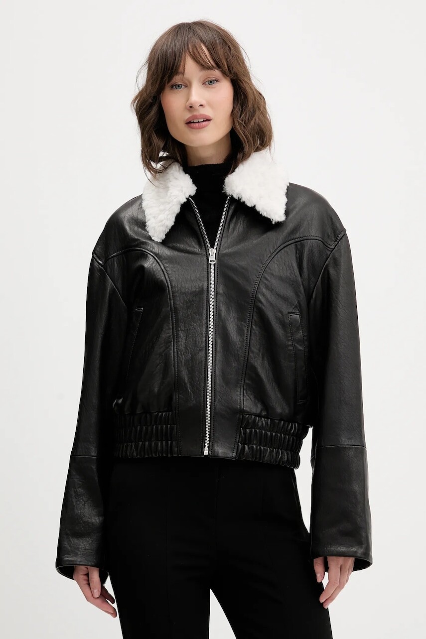 Kožená bunda HUGO čierna farba, prechodná, oversize, 50547184