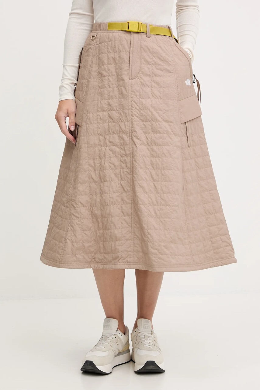 Sukňa The North Face Quilted Volume béžová farba, midi, áčkový strih, NF0A8E7BBOX1