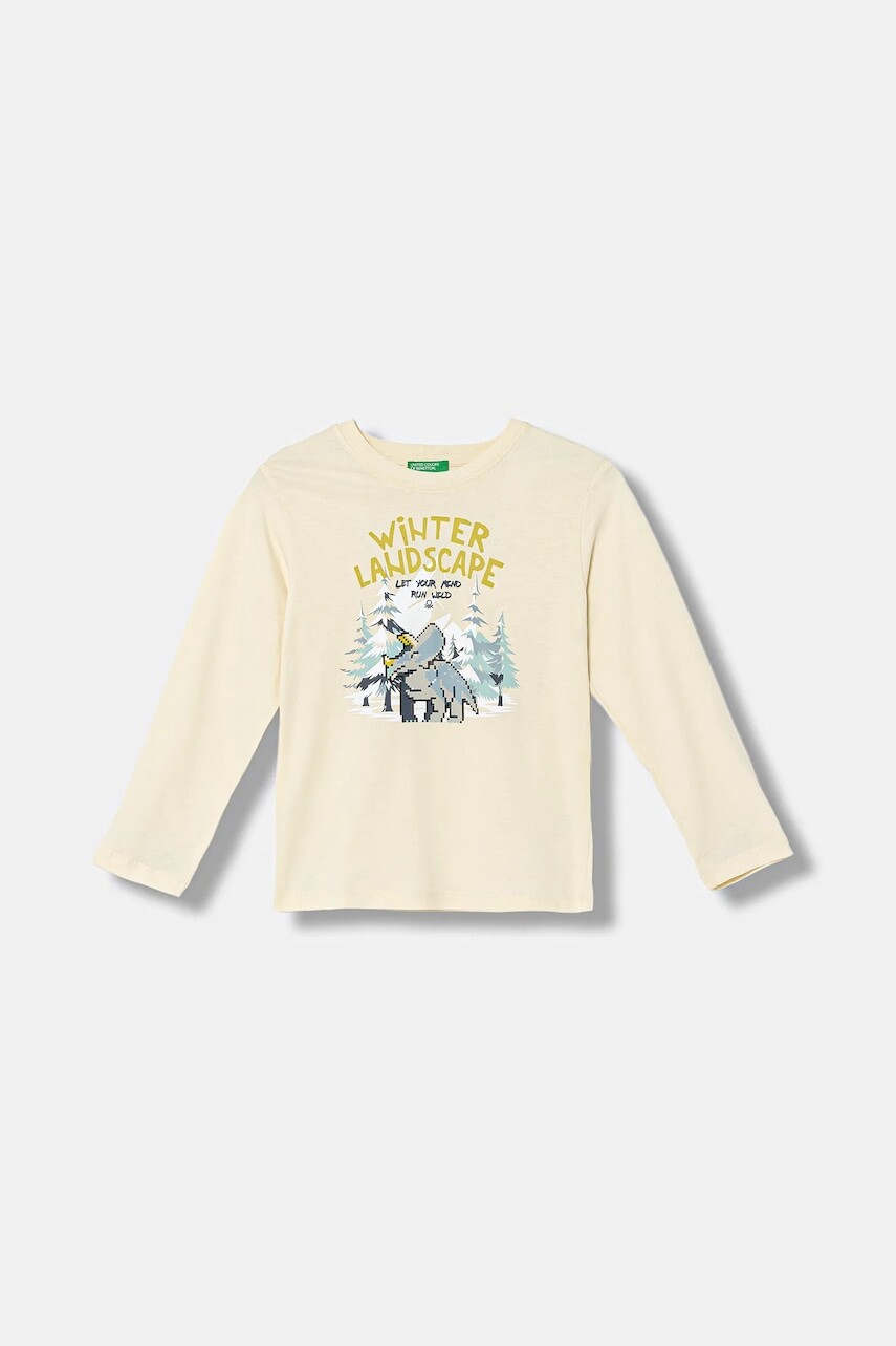 Detská bavlnená košeľa s dlhým rukávom United Colors of Benetton béžová farba, s potlačou, 3ATNG10KU