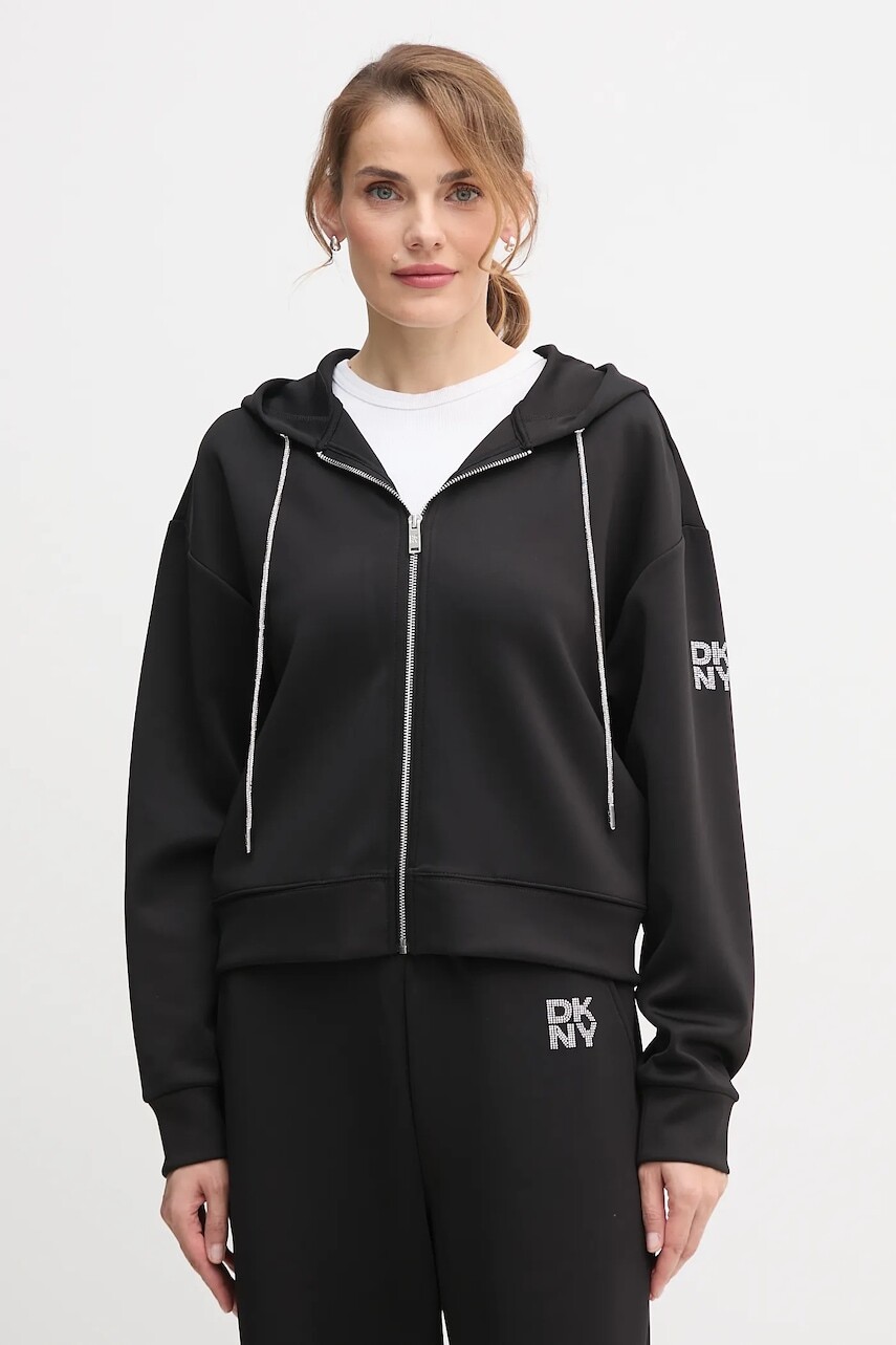 Mikina Dkny KNIT JACKET čierna farba, s kapucňou, jednofarebná, P5ME7CNY