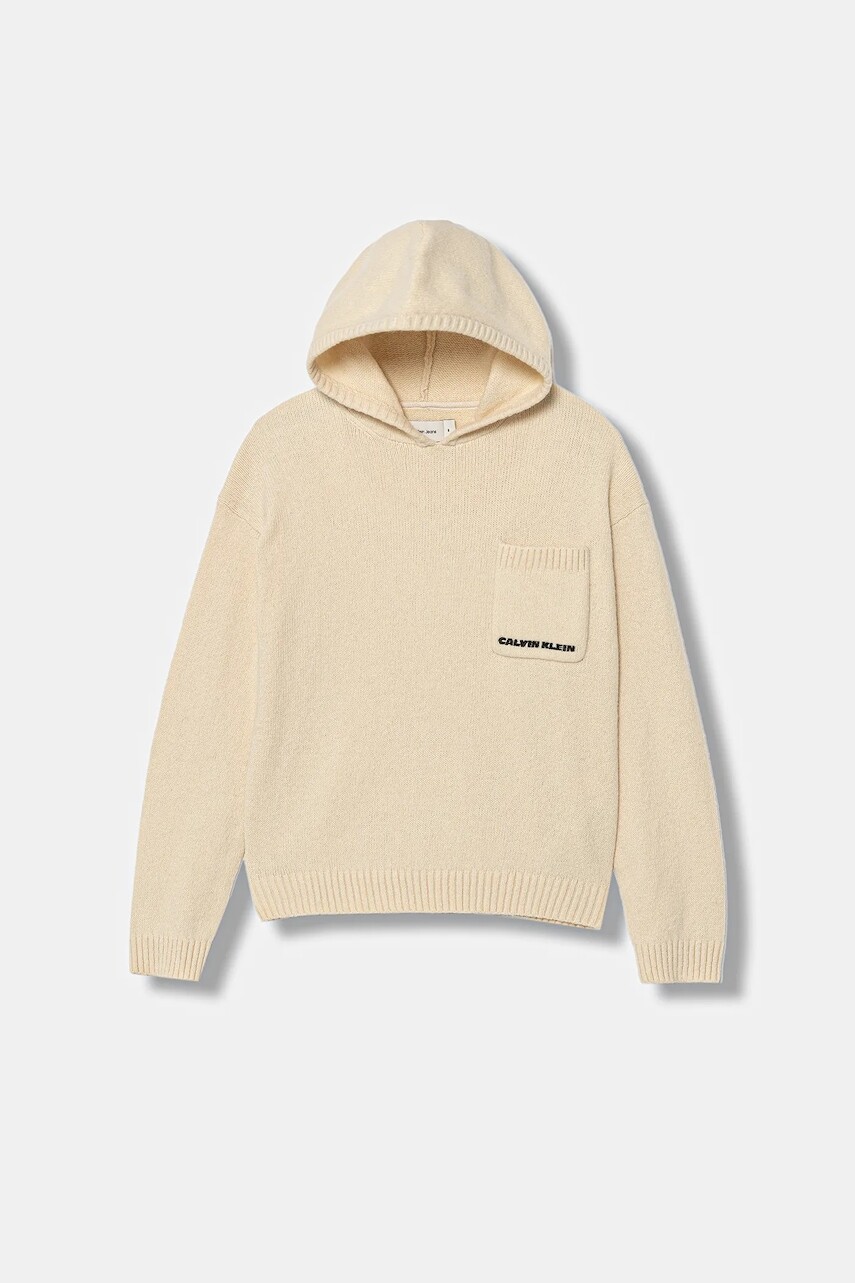 Detská mikina Calvin Klein Jeans béžová farba, s kapucňou, jednofarebná, IB0IB02622