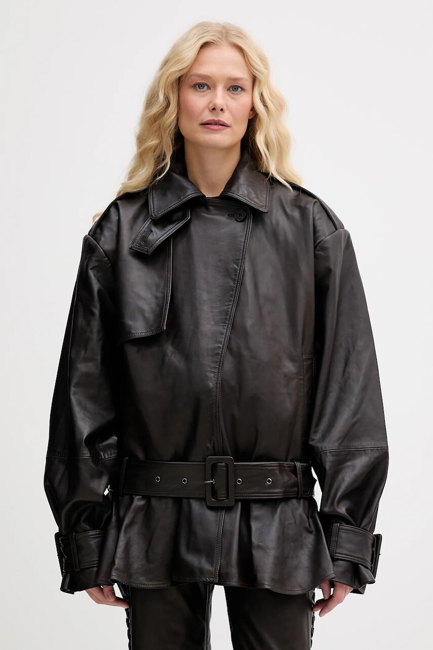 Kožená bunda Rotate hnedá farba, prechodná, 1158171667