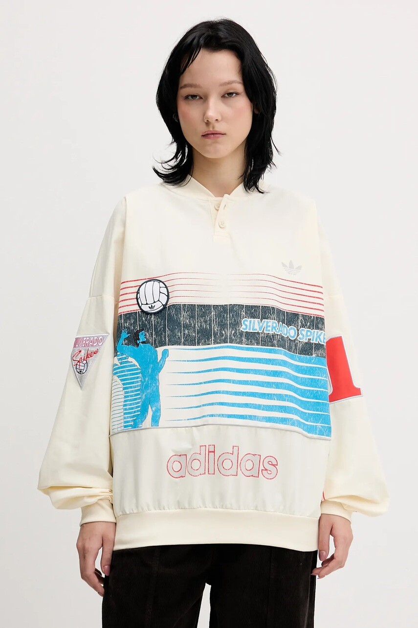 Mikina adidas Originals Summersp Crew béžová farba, s kapucňou, s potlačou, JW0148